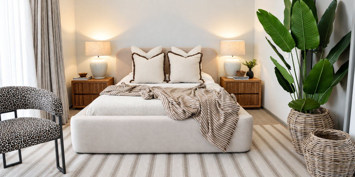 Sofaworx upholstered bed in a warm bedroom