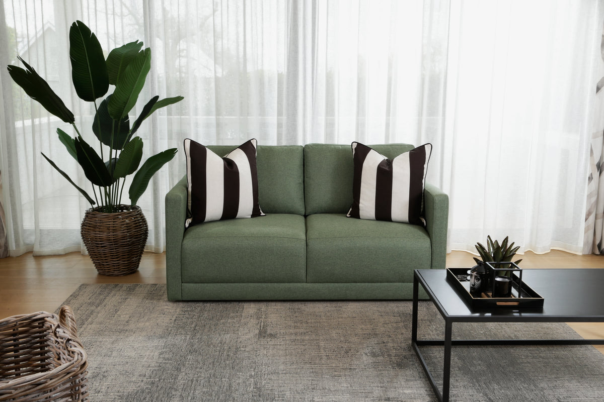 Sofaworx sage green two-seater sofa with striped cushions