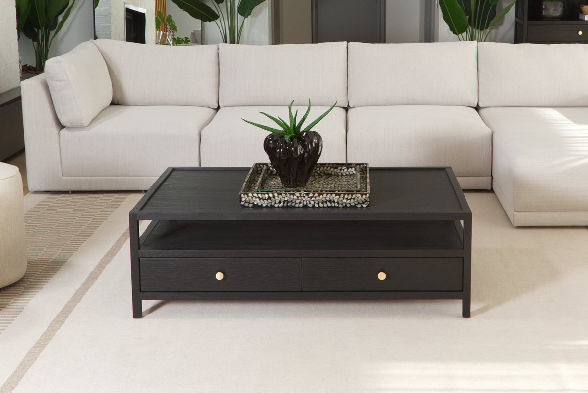 Sofaworx black oak coffee table with brass handles